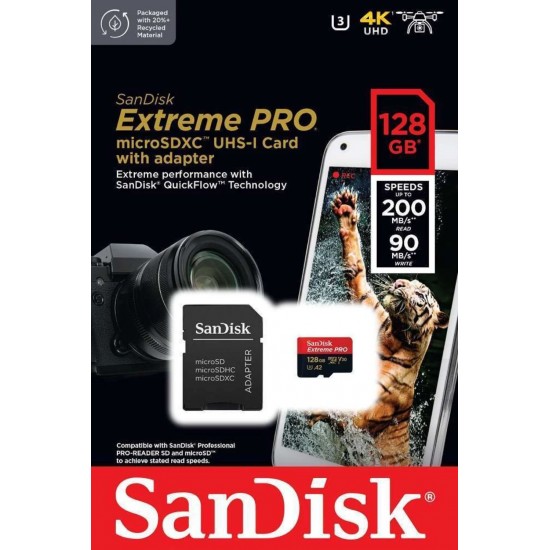 SanDisk Extreme Pro 128GB 200/90MB/s microSDXC UHS-I A2 V30 Adaptörlü Hafıza Kartı