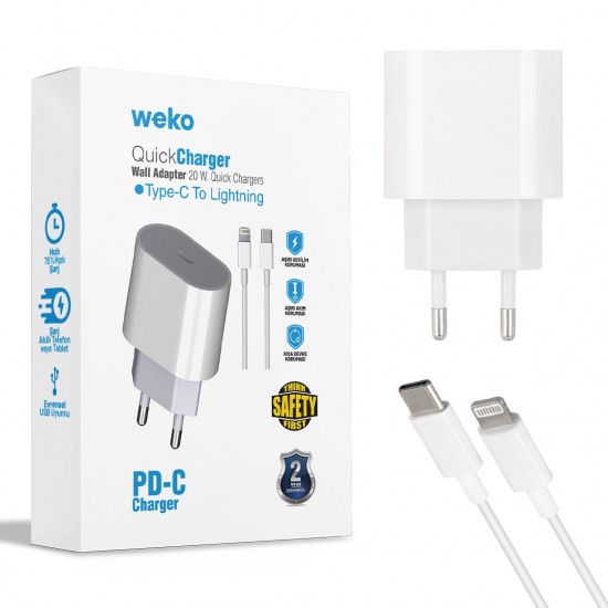 Weko WK-21443 20 Watt Telefon Şarj Adaptörü + Type-C To Lightning Kablo